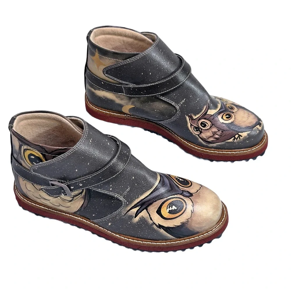 Go Shoes Celestial Owl Graphic Ankle‎ Boots Womens US 6 EU 37 Gray Buckle